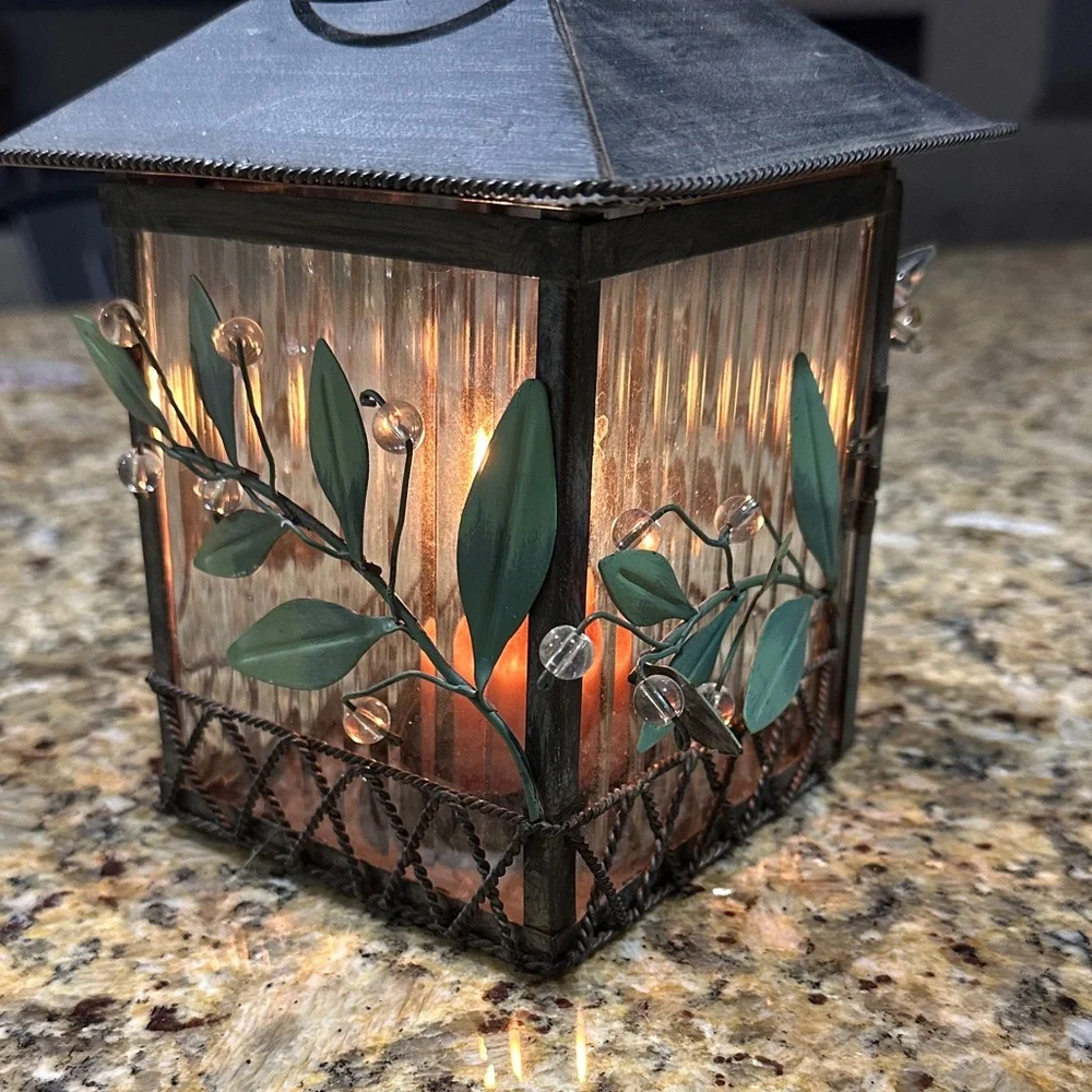 PartyLite Rustic Black Lantern with Green Metal Vines Candle Holder